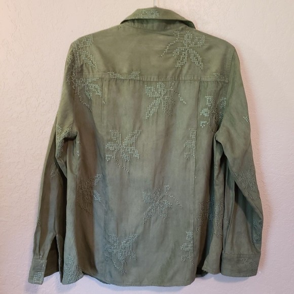 Coldwater Creek Green Faux Suede Embroidered Button Down Blouse Shacket Sz Large - Picture 6 of 7